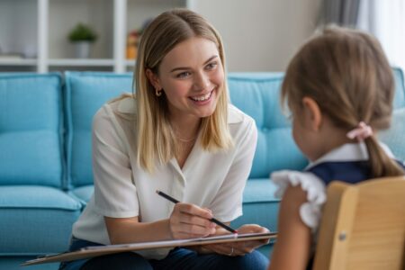 a smiling young blonde female student in a white blouse babysitting a girl, light blue couch in the background