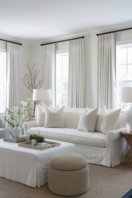 all white living room with a jute rug and wooden side tables