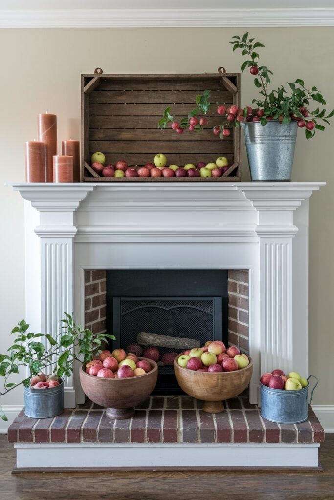 apples in wooden bowls, vintage crate, galvanized containers as Thanksgiving mantel decor