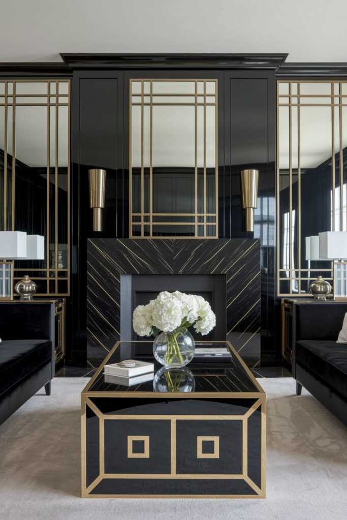 Art Deco black living room, black lacquer furniture with mirrored surfaces, bold geometric patterns, gold accents