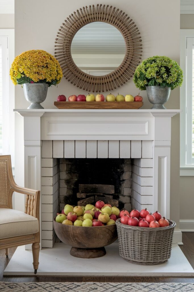 artificial apples, pears, and pomegranates in wooden bowls and wicker basket as fall mantel decor