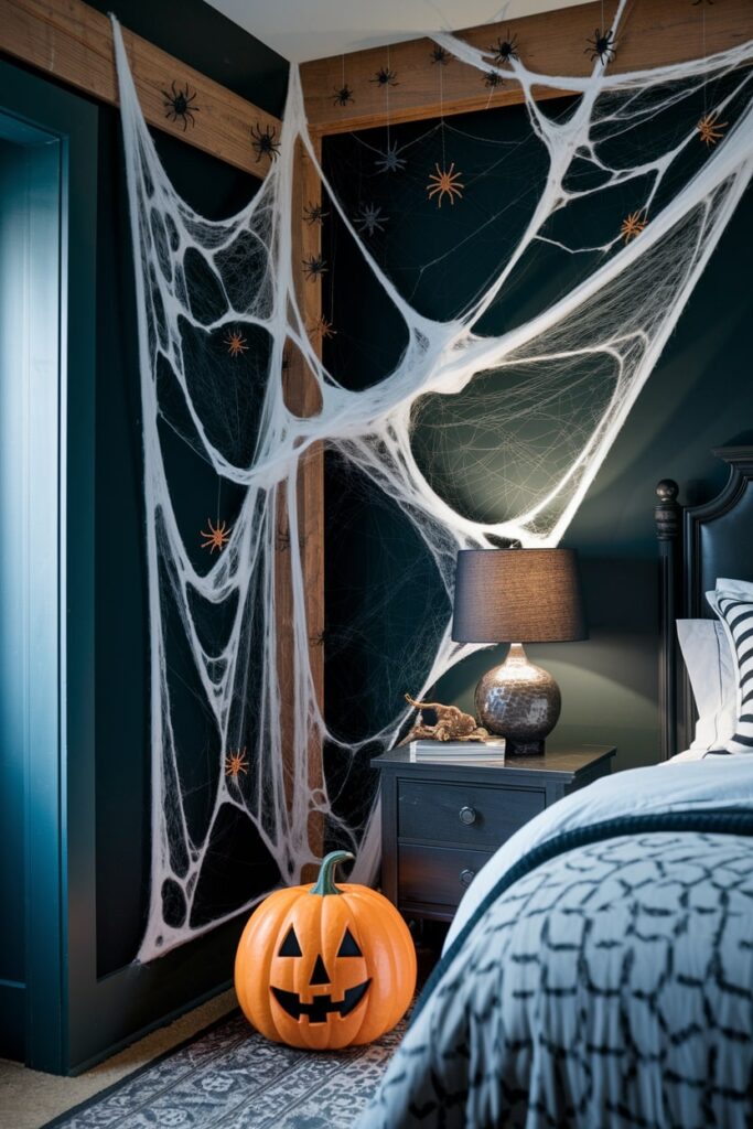artificial spider web with plastic spiders as corner decor in the Halloween bedroom