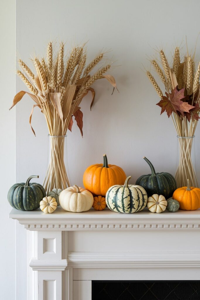 assortment of mini pumpkins, gourds, and winter squash across mantel shelf, wheat stalks as Thanksgiving mantel decor