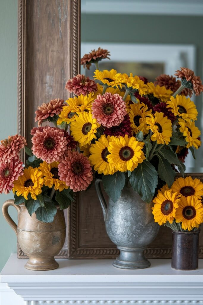 autumn flowers as fall mantel decor