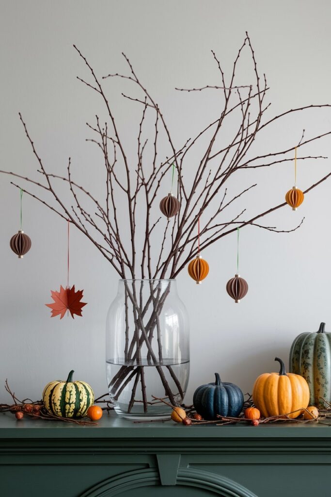 bare branches and twigs with small paper ornaments and leaves, mini pumpkins as Thanksgiving mantel decor