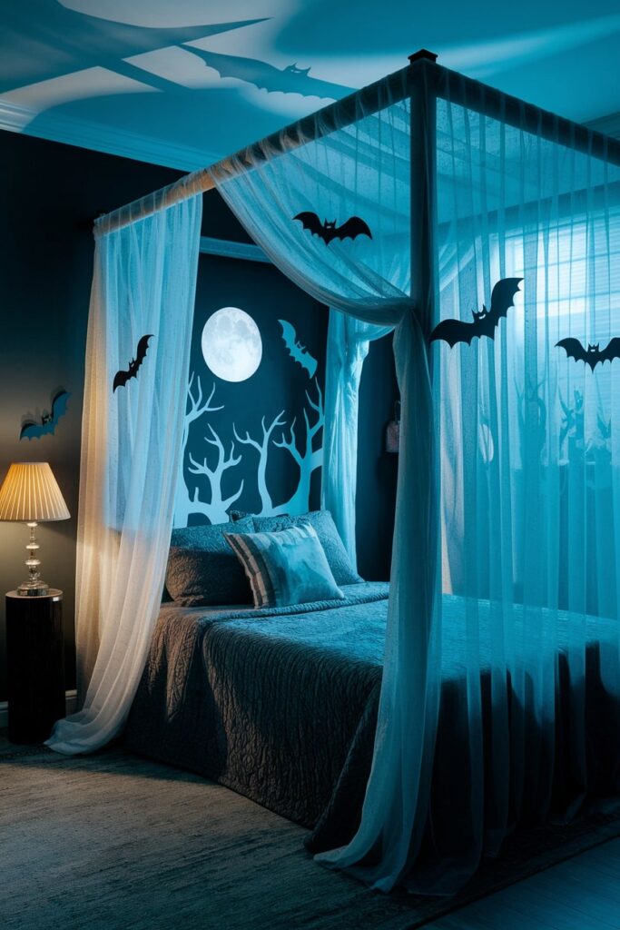 bed frame with sheer curtains, cut-out shapes of bats and trees for moonlight effect, Halloween bedroom decor