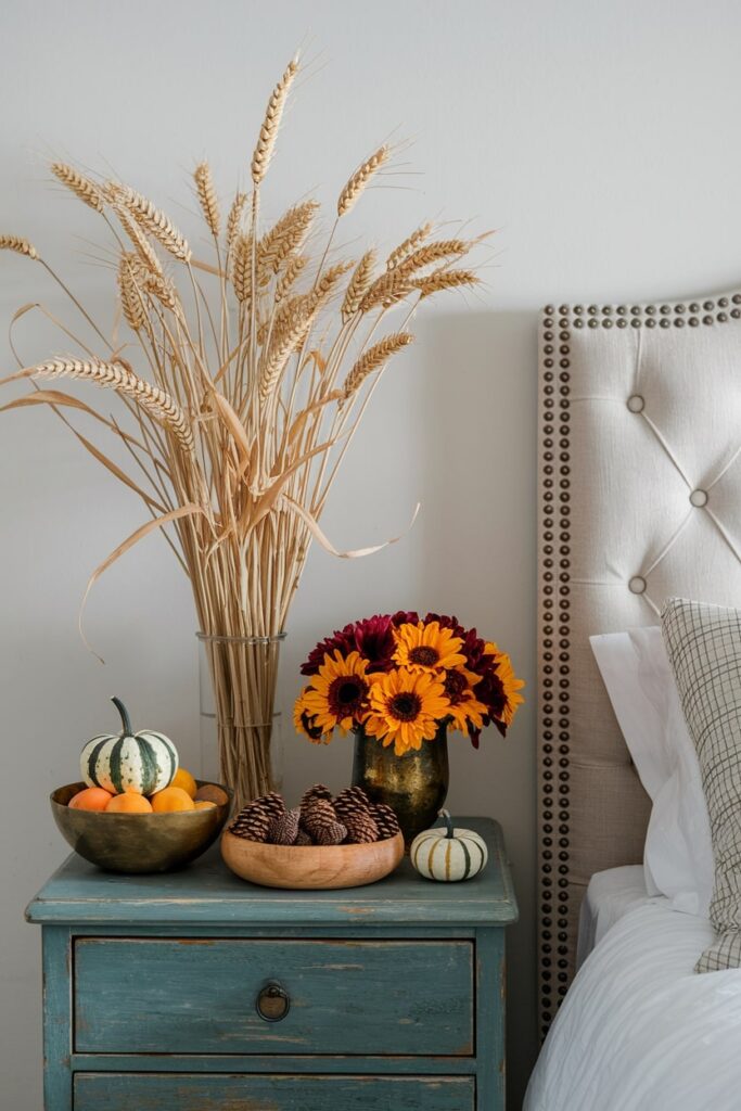 bedroom's nightstand with fall decor, small pumpkins, dried wheat stalks, pinecones, seasonal flowers