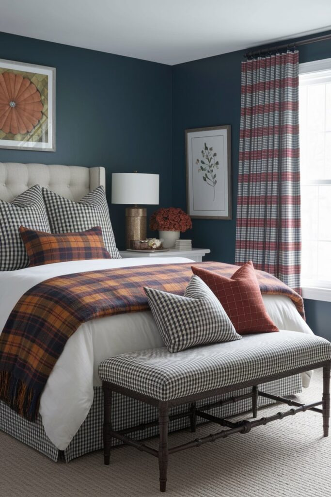 bedroom with different plaid patterns as fall decor
