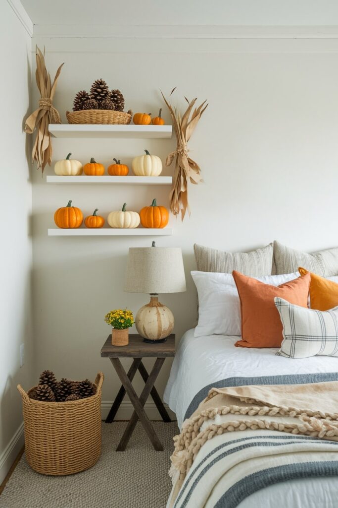 bedroom with fall decorations, pumpkins on floating shelves