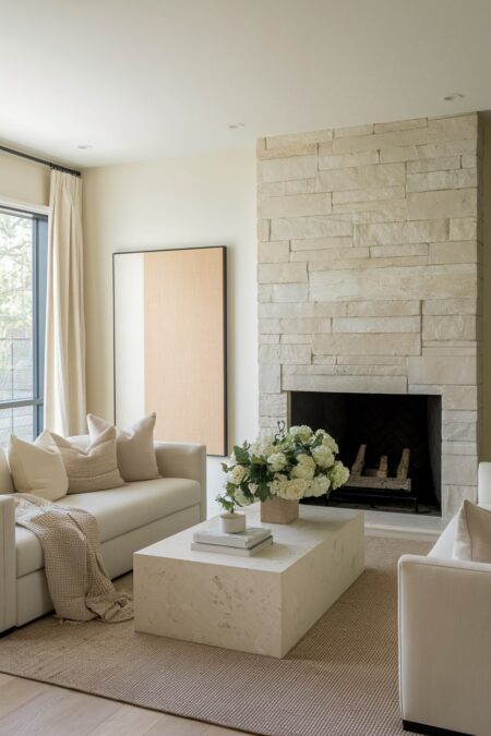 beige living room with a large artwork in dark beige and cream tones, elegant fireplace with beige stone surround