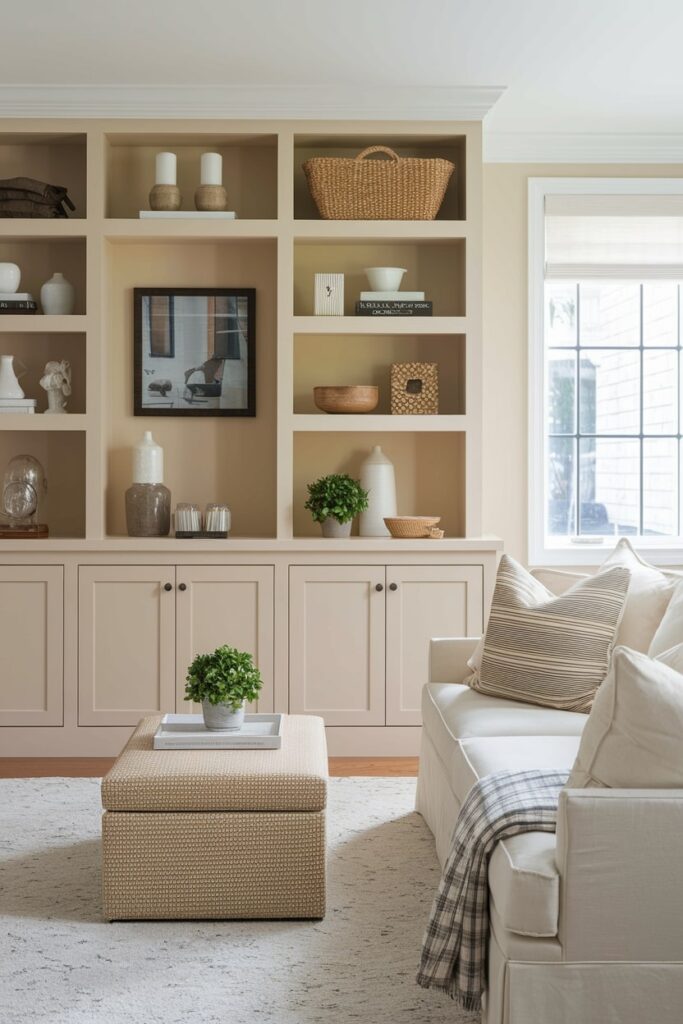 beige living room with beige built-in shelving and storage ottoman