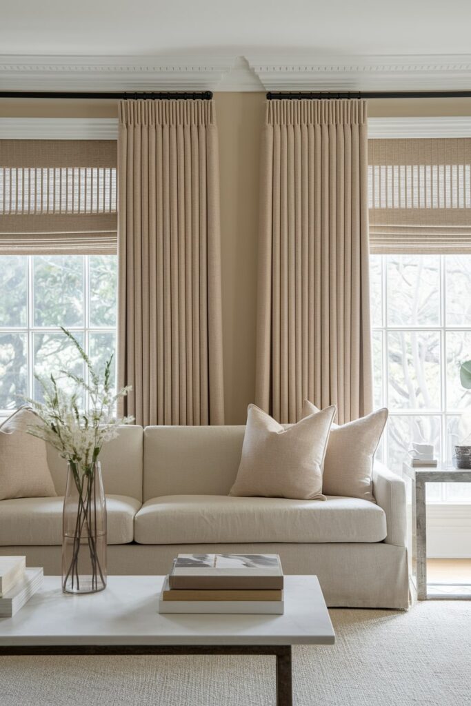 beige living room with beige curtains and Roman shades