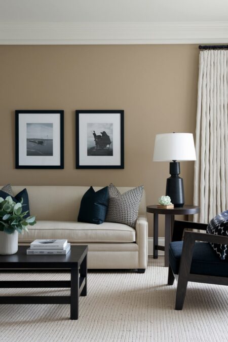 beige living room with black accents, black picture frames, and dark wood furniture