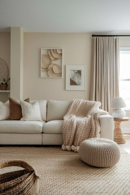 beige living room with chunky knit blanket, linen throw pillows, and a sisal area rug