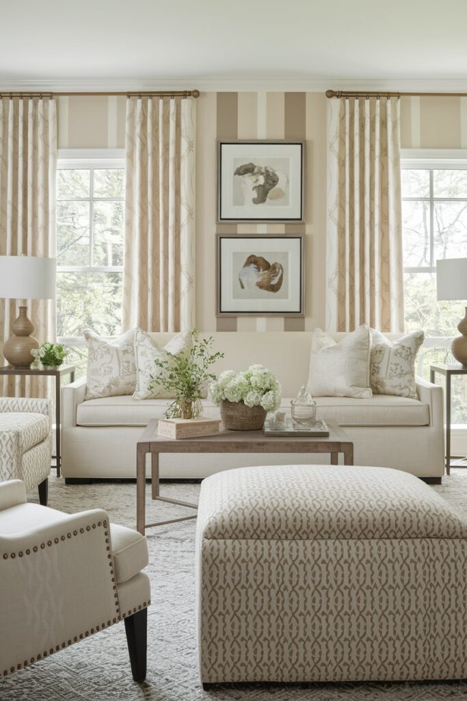 beige living room with different patterns on walls, furniture upholstery, and pillows