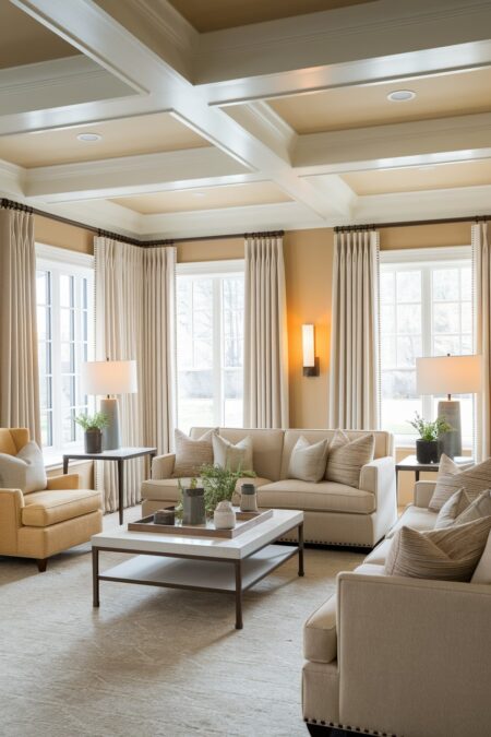 beige living room with different warm lighting fixtures