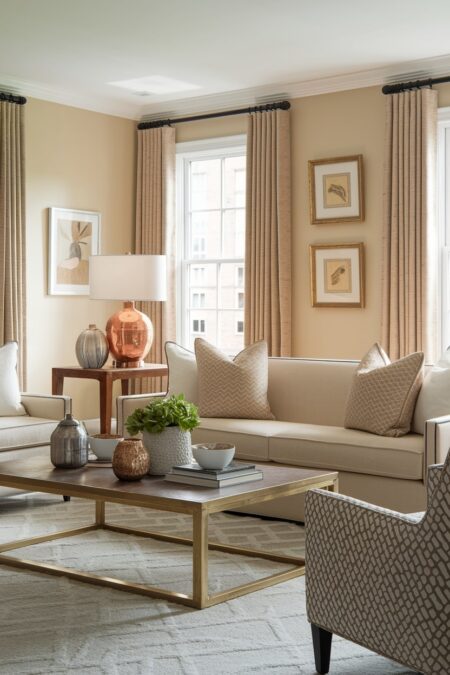 beige living room with gold picture frames and copper table lamp