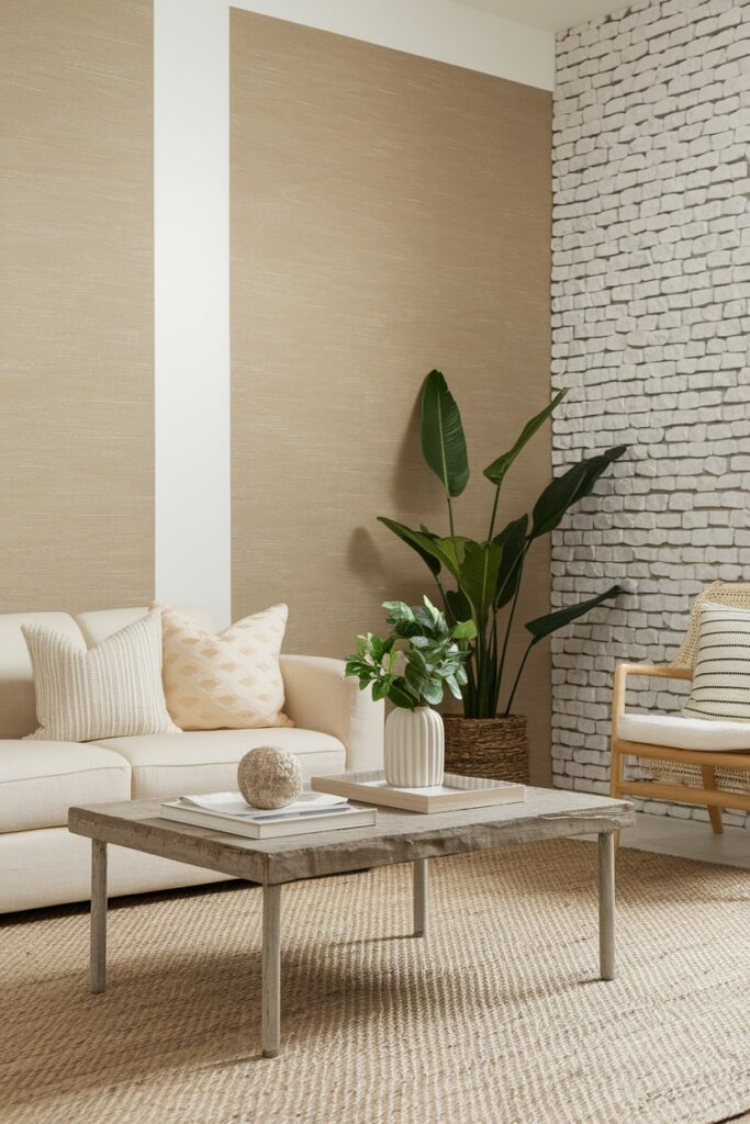 beige living room with grasscloth wallpaper and white brick wall