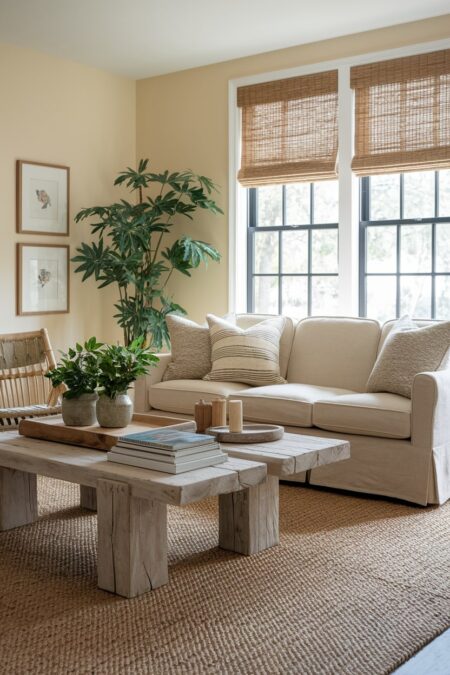 beige living room with reclaimed wood coffee table, jute rug, plants, and bamboo blinds