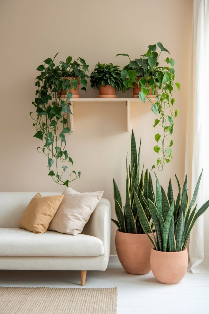 beige living room with white couch and trailing plants in terra cotta planters on the floating shelf
