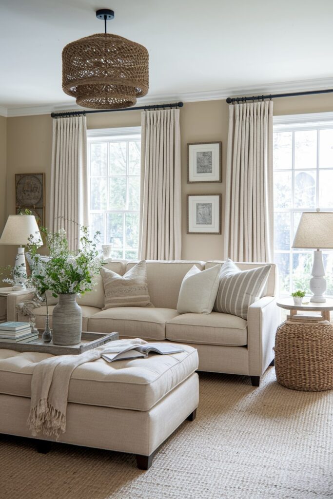 beige living room with wicker chandelier and gray vase with fresh flowers on the ottoman