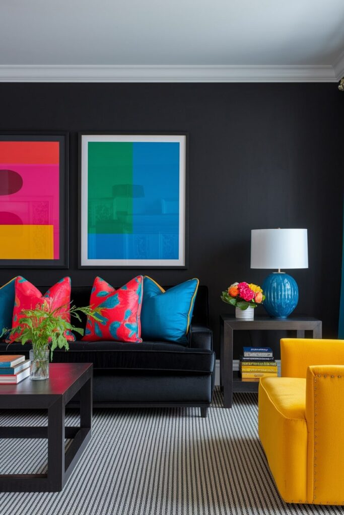 black living room with black velvet couch, vibrant colorful pillows and artwork, yellow accent chair
