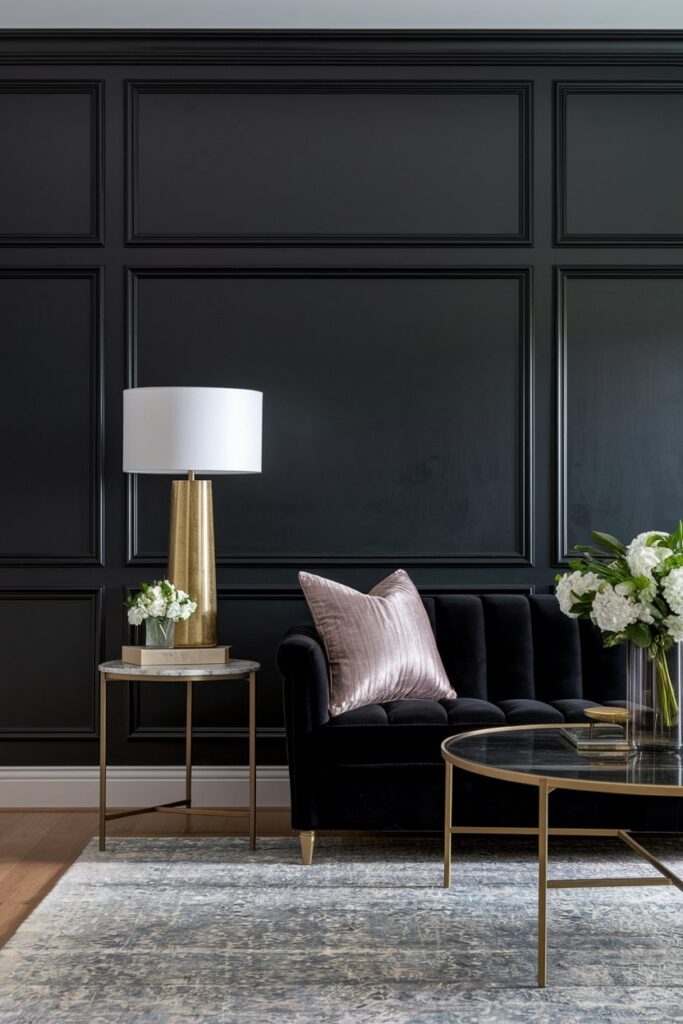 black living room with moldings and luxurious black velvet sofa, gold accents