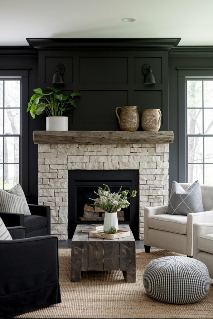 black living room with rustic accents, reclaimed wood mantel and coffee table, natural stone fireplace