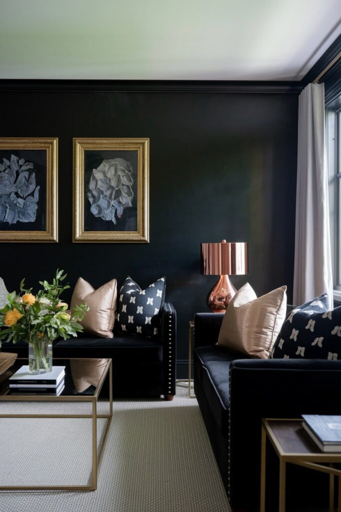 black living room with velvet couches, copper table lamp, and brass picture framesv
