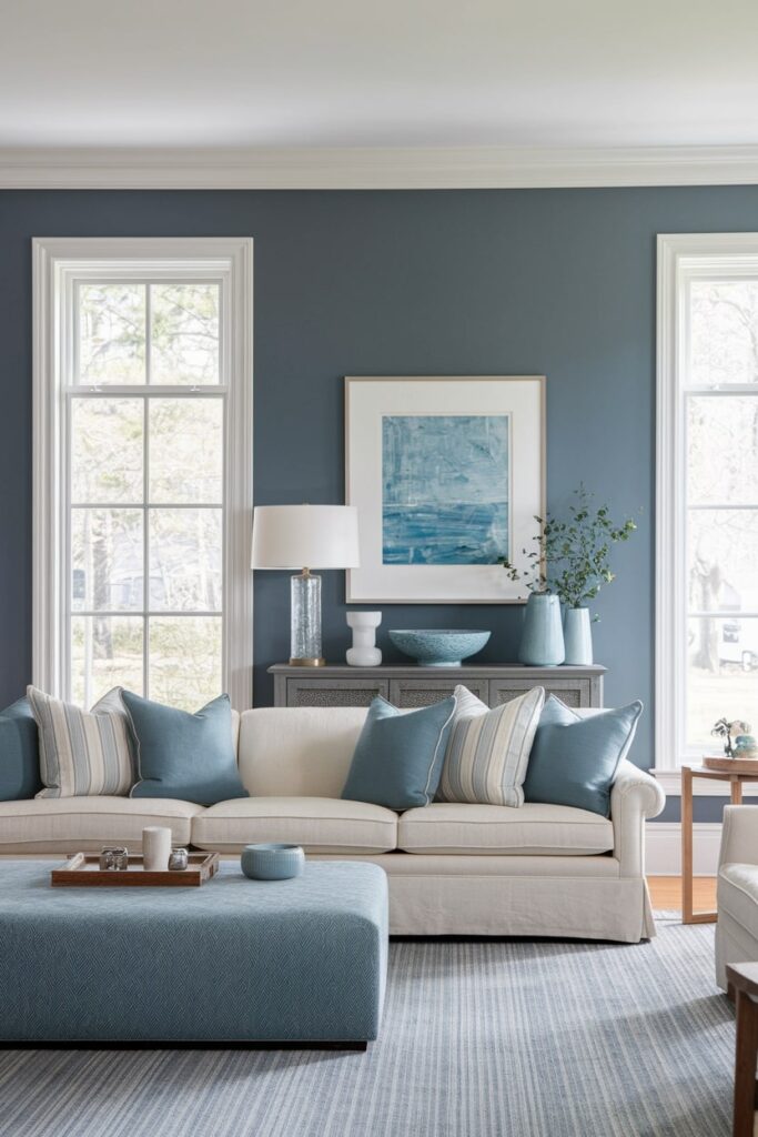 blue-gray living room with white couch and light blue accents