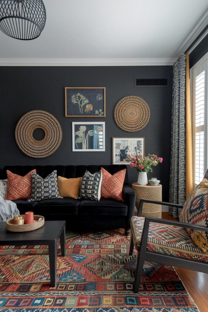 bohemian black living room with colorful throw pillows, patterned area rug, black velvet couch