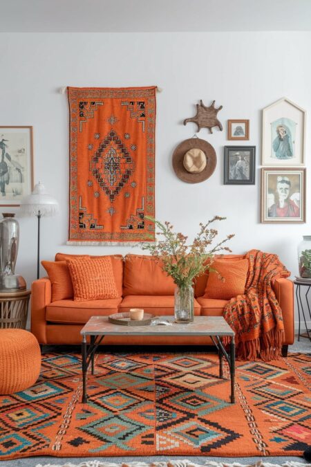 bohemian orange living room with mixed textures and patterns