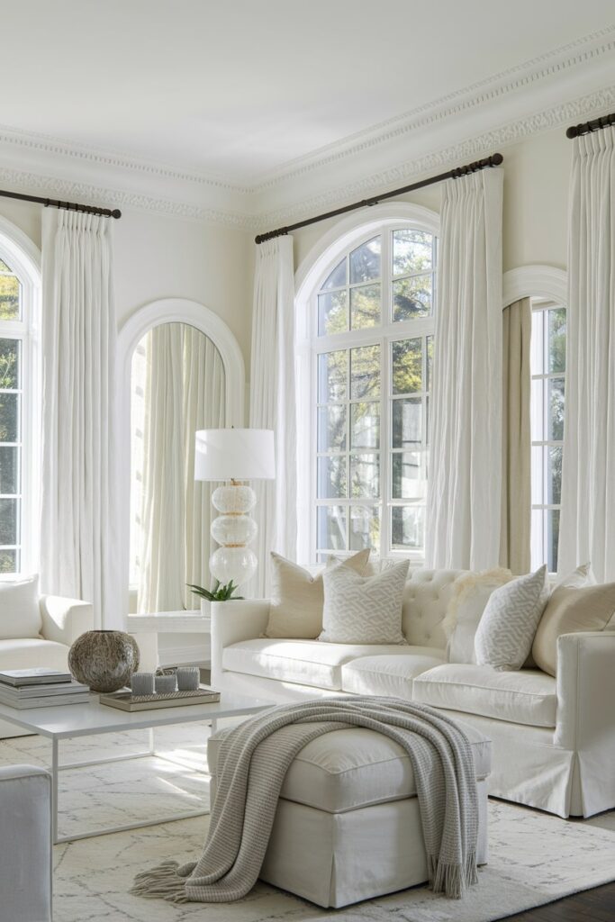 bright monochromatic white living room with arch windows