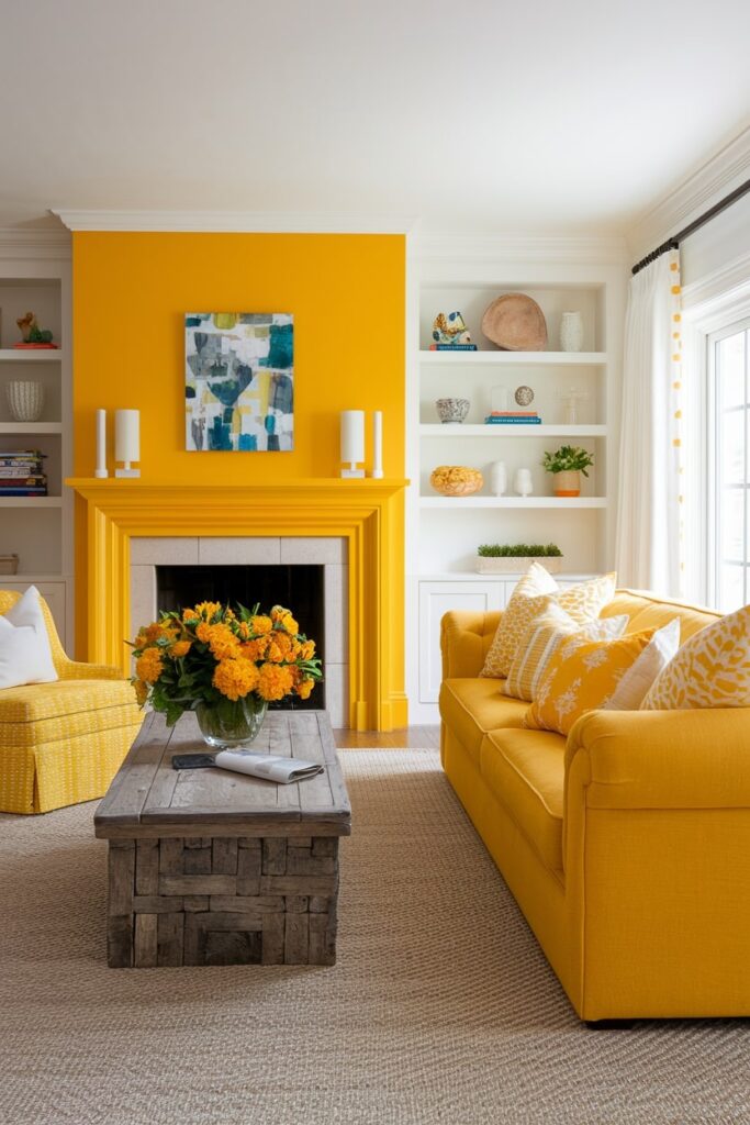 bright yellow living room with plenty of white and fireplace