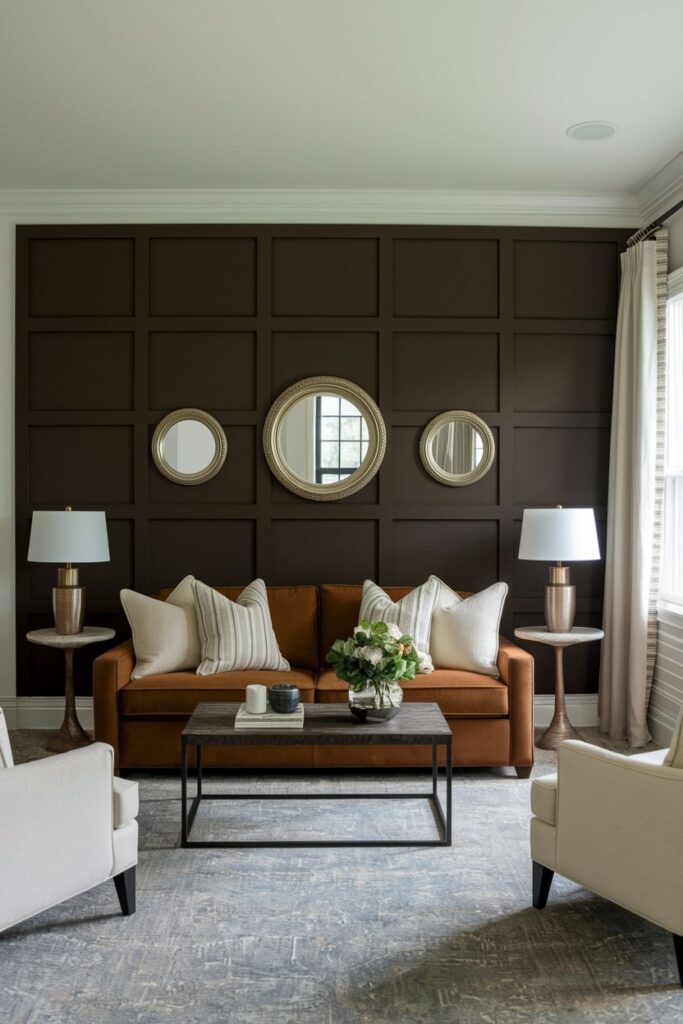 brown living room with accent espresso brown wall, light chairs, and textile, round mirrors
