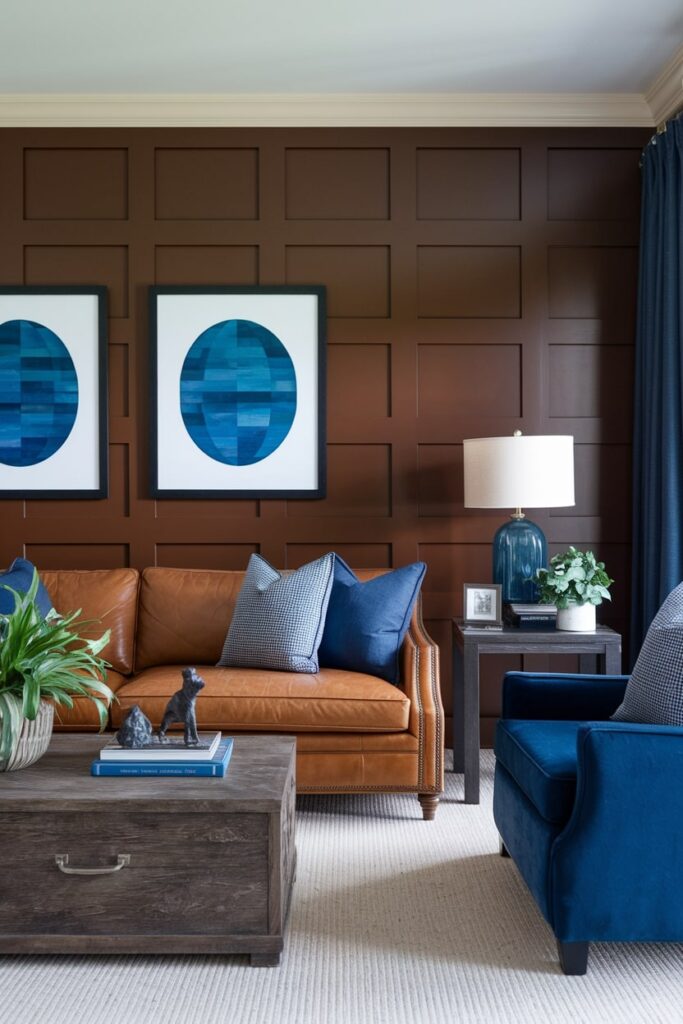 brown living room with board and batten, caramel leather sofa. Blue pillows, artwork, accent chair, and curtains