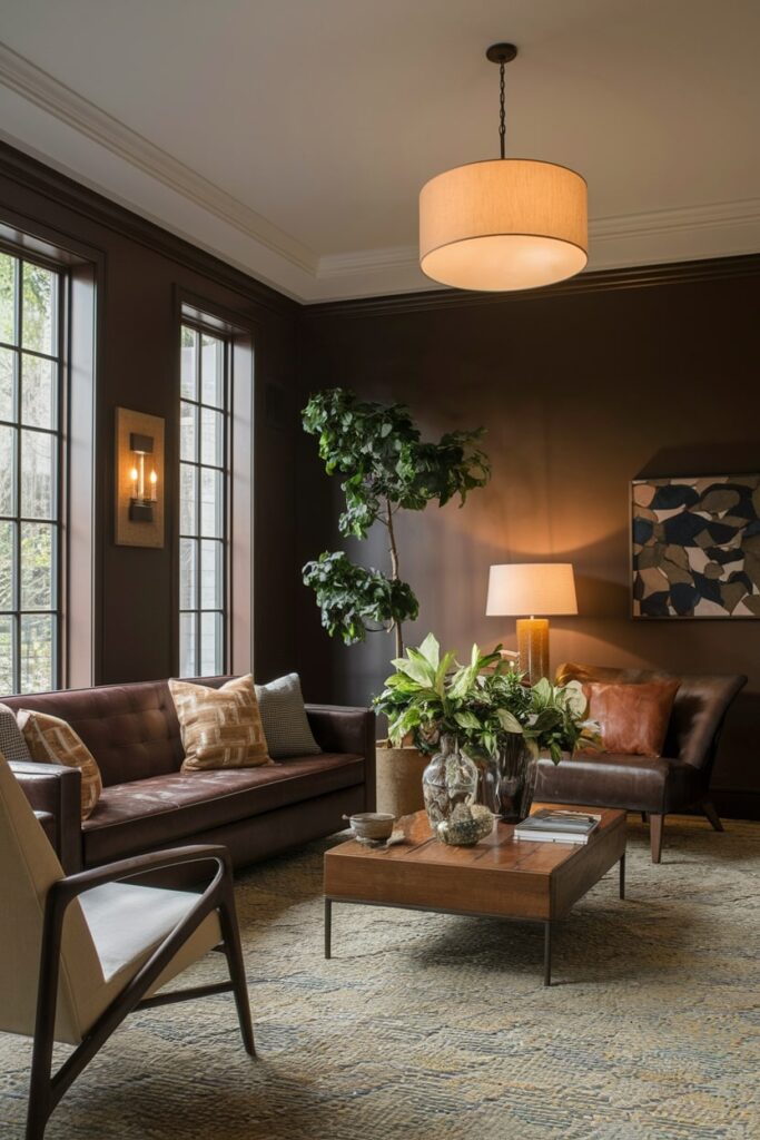 brown living room with different types of warm lighting