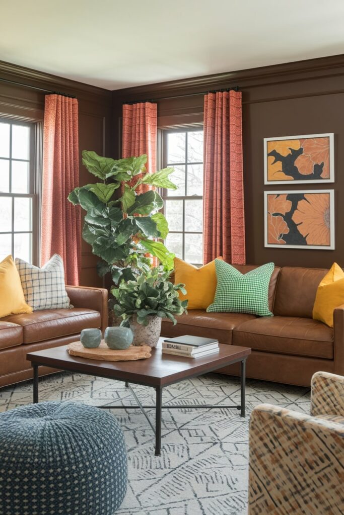 brown living room with leather couches and fall-themed artwork, yellow pillows