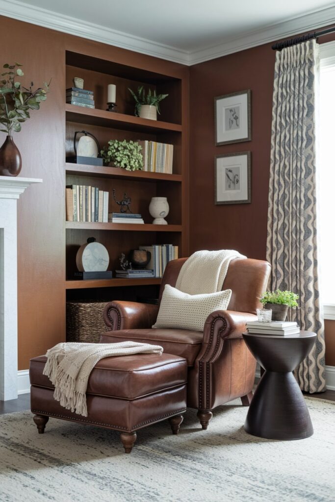 brown living room with niche shelving for books, leather chair for reading, and a fireplace