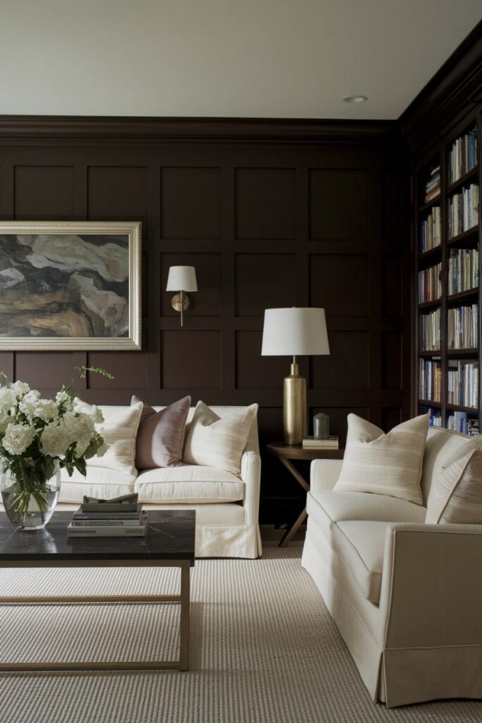 brown living room with rich chocolate walls, built-in shelving, cream couches