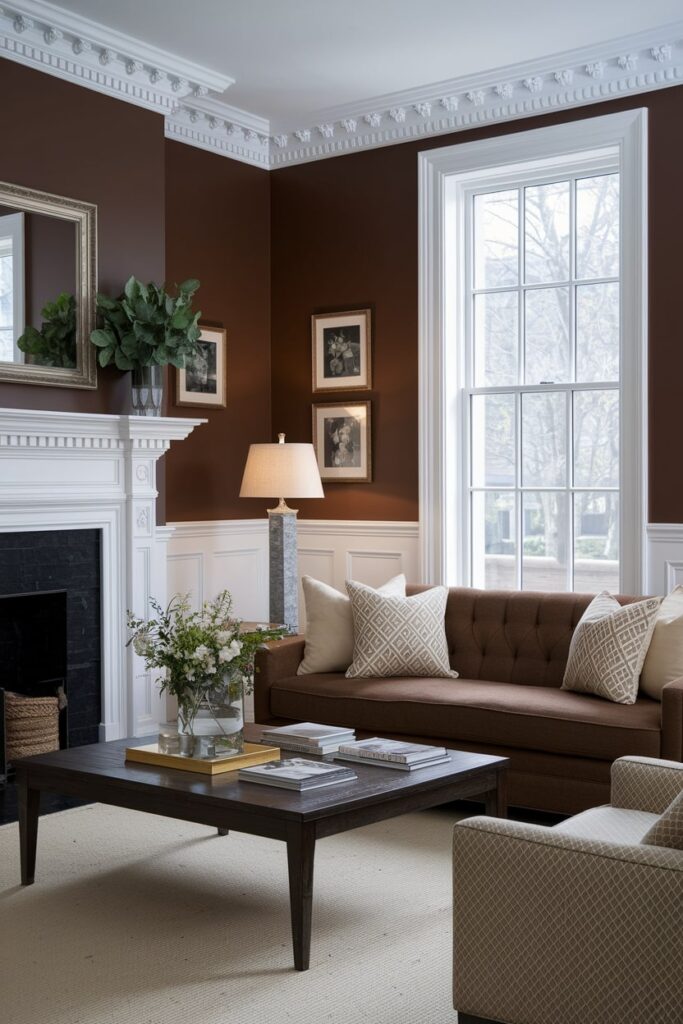 brown living room with white trim and wainscoting