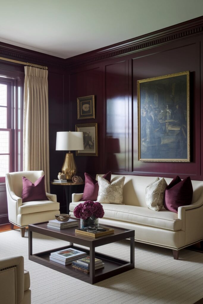 burgundy living room with cream-colored couch, curtains, and accent chair