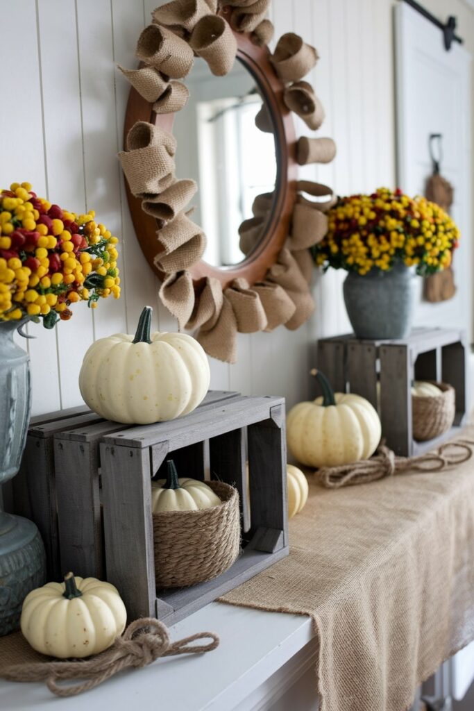 burlap, twine, small crates and white mini pumpkins as Thanksgiving mantel decor