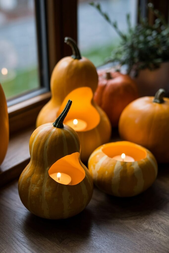 candlelit gourd luminaries with battery-operated tea candles as Thanksgiving decor