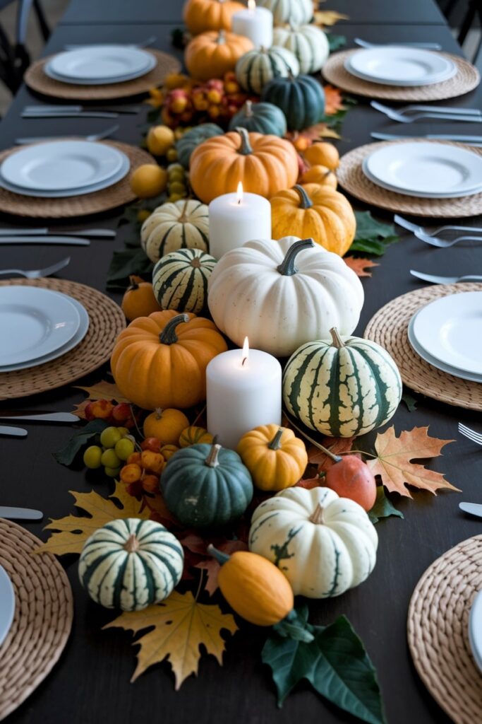 centerpiece Thanksgiving table decoration, pumpkins, gourds, winter squash, autumn leaves, and candles