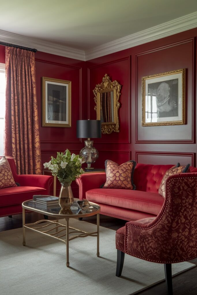 classic Hollywood-style red living room with gold picture frames and mirror, black lampshade