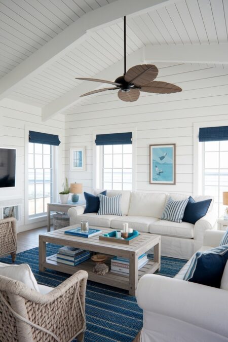 coastal white living room with blue accents and ceiling fan