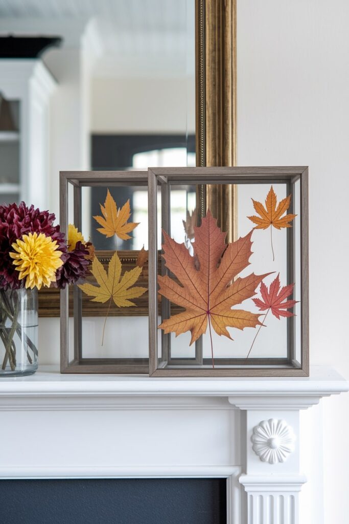 colorful fall leaves in glass boxes as fall mantel decor