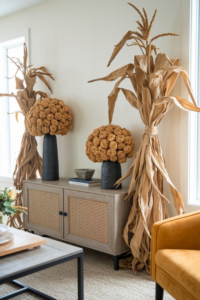 console table in the living room with dried corn husks shaped into roses as Thanksgiving decor