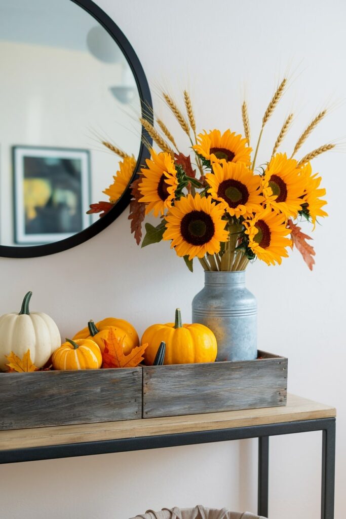 console table with sunflowers in a galvanized vase and rustic wooden box with pumpkins, fall leaves as Thanksgiving decor